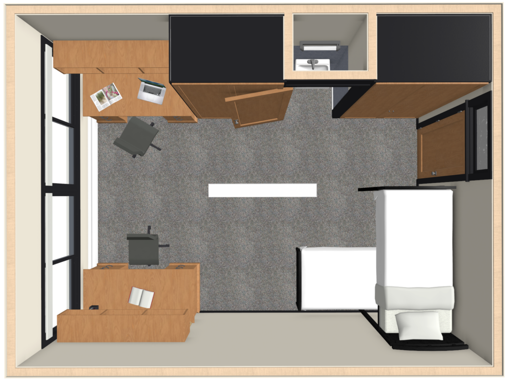 Top view of a dorm room showing two desks with laptops and books, two chairs, a bed, and a small carpeted area. There's a closet, a window, and an air conditioning unit above the bed. The door is partially open.